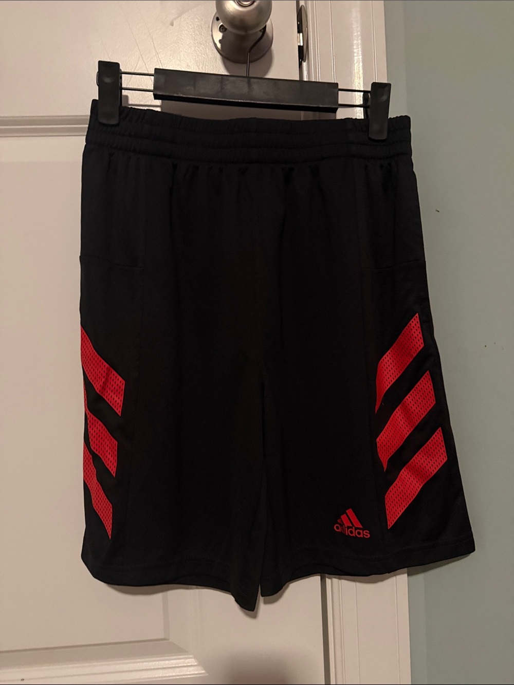 adidas Men’s Black Athletic Shorts with Red Three-Stripe Panels